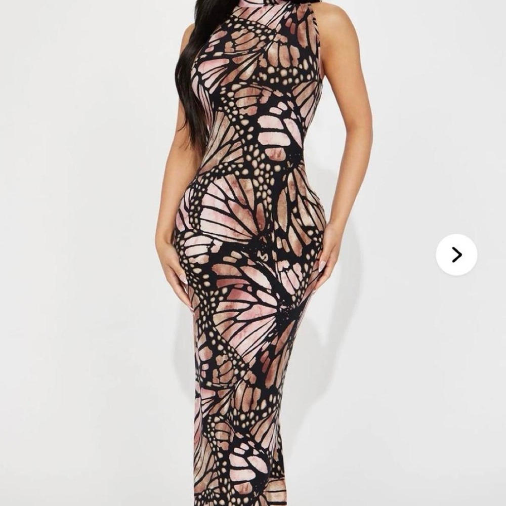 Fashion Nova Mariah Butterfly Wing Print Mock Neck Maxi Dress